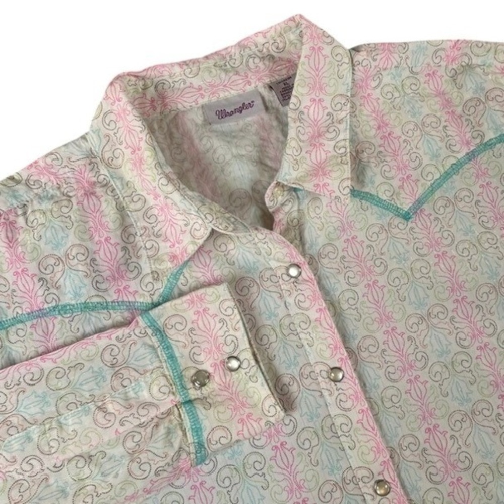 Wrangler White & Pink Pastel Paisley Print Western Pearl Snap Button Up Shirt XL